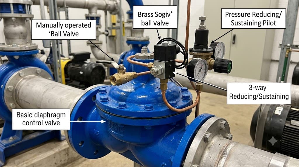 Basic Valve with Brass Sagiv, 3-Way Solenoid Valve & Pressure Reducing/Sustaining Pilot